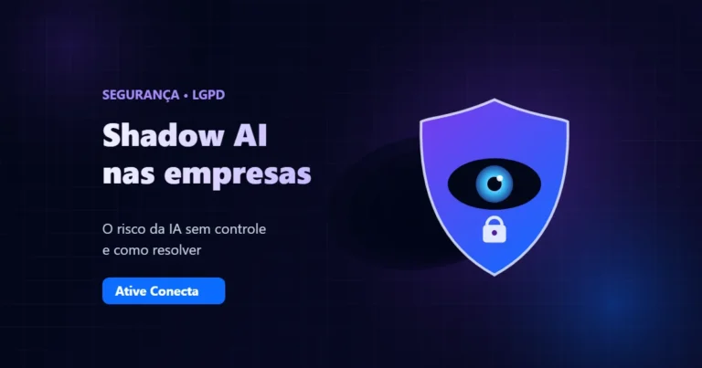 Shadow AI nas empresas: escudo com olho e cadeado representando o controle da IA